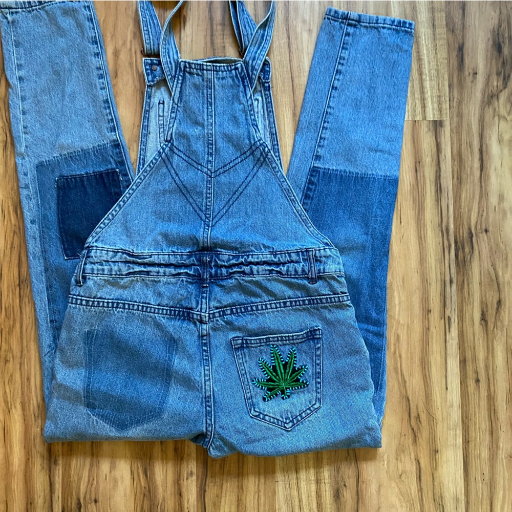 420 Overalls Slim Fit Denim Jean Overalls with Cannabis Leaf Pocket